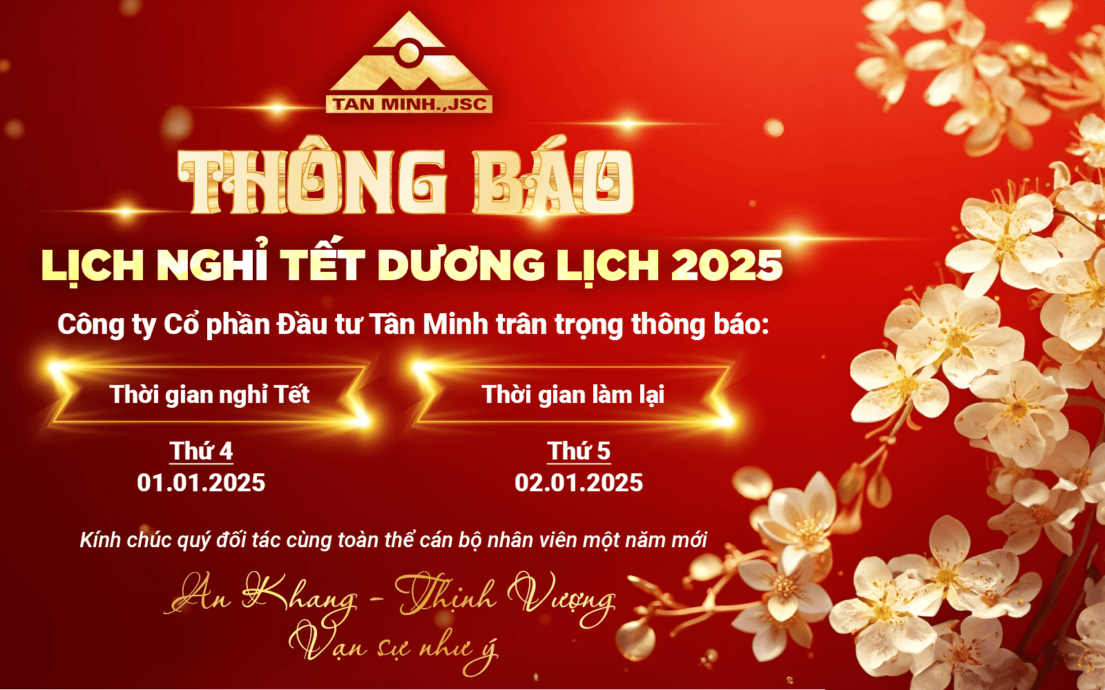 TÂN MINH THÔNG BÁO LỊCH NGHỈ TẾT DƯƠNG LỊCH 2025